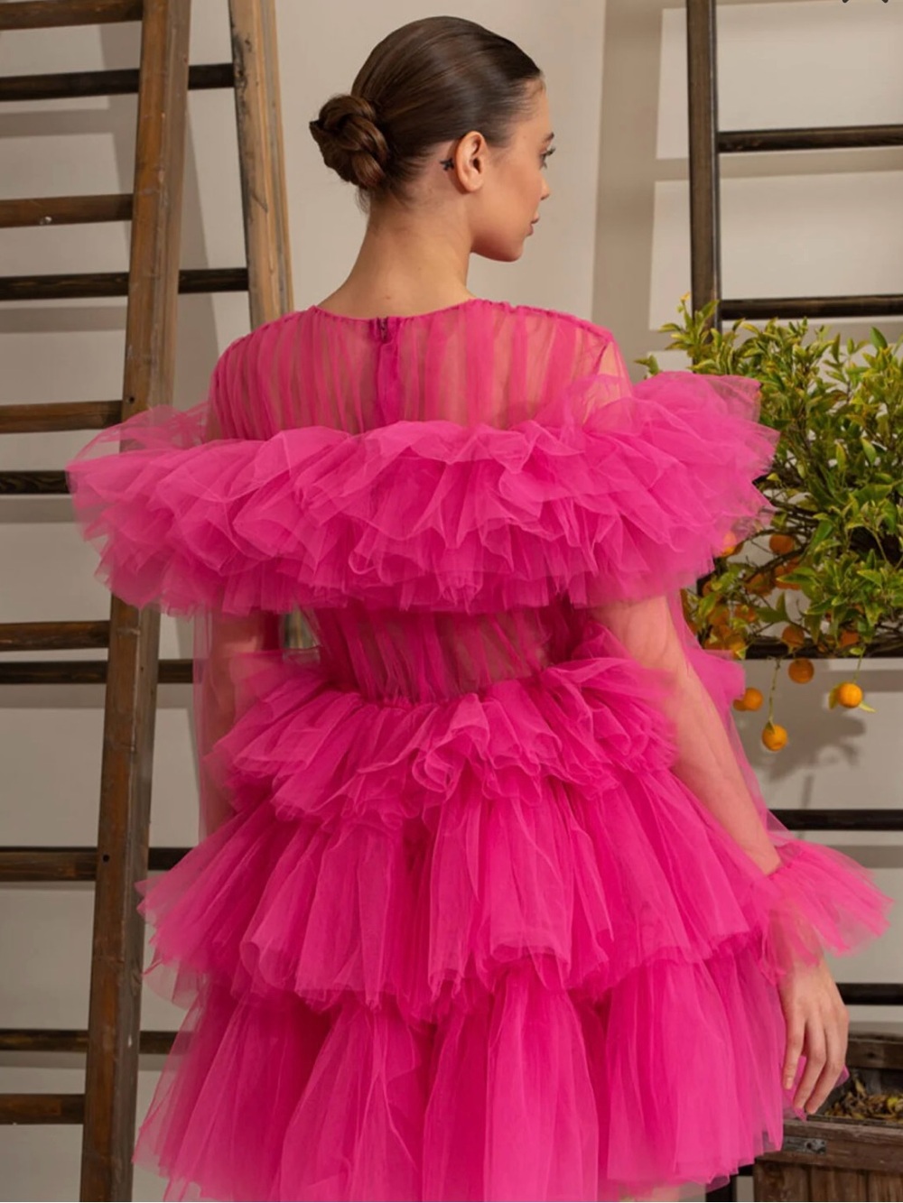 Vibrant Hot Pink Tiered Tulle Mini Dress - Picture 7 of 12